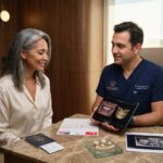 Dentist consulting a patient with digital dental images, dental models and a passport on the table showing planning for dental travel to Turkey