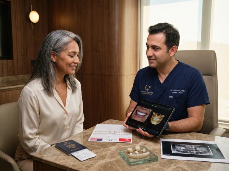Dentist consulting a patient with digital dental images, dental models and a passport on the table showing planning for dental travel to Turkey