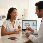 Patient consulting with a dentist in a modern Turkish dental clinic with tooth model, intraoral scan on laptop, and travel documents visible