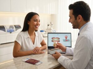 Patient consulting with a dentist in a modern Turkish dental clinic with tooth model, intraoral scan on laptop, and travel documents visible