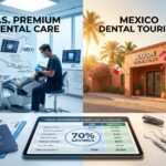 Split image showing a modern U.S. dental operatory and a Mexican dental clinic exterior with a tablet displaying price comparisons, travel documents, and a dental implant model