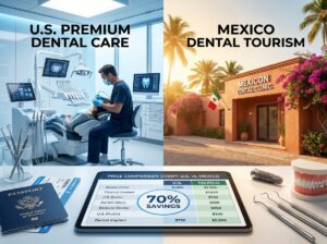 Split image showing a modern U.S. dental operatory and a Mexican dental clinic exterior with a tablet displaying price comparisons, travel documents, and a dental implant model