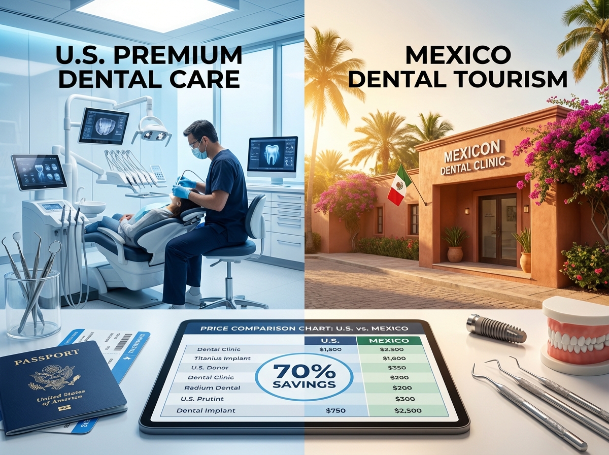 Split image showing a modern U.S. dental operatory and a Mexican dental clinic exterior with a tablet displaying price comparisons, travel documents, and a dental implant model