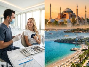 Split image of modern dental clinic consultation and Turkish landmarks showing Istanbul skyline and Antalya coastline with a smiling patient holding a passport and travel documents