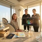 Patient smiling in a modern Mexican dental clinic with dentist reviewing implant images; travel items and implant model on the counter to suggest dental tourism and All-on-4 treatment