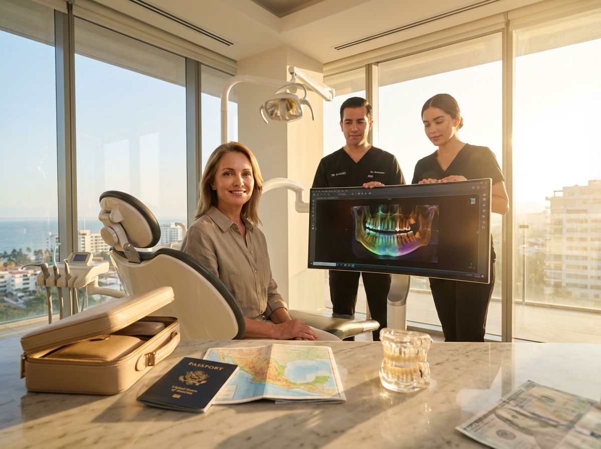 Patient smiling in a modern Mexican dental clinic with dentist reviewing implant images; travel items and implant model on the counter to suggest dental tourism and All-on-4 treatment