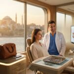 American patient consulting with a dentist in a modern Istanbul clinic with Bosphorus skyline visible through the window