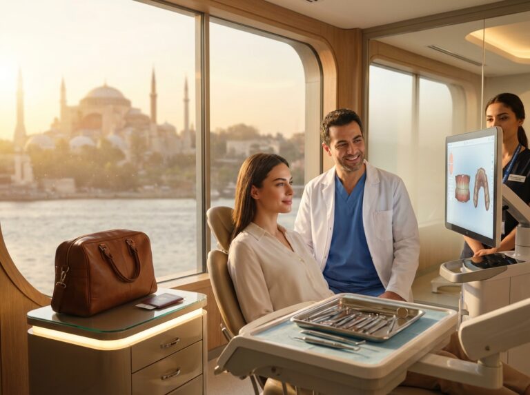 American patient consulting with a dentist in a modern Istanbul clinic with Bosphorus skyline visible through the window