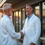 Smiling patient and dentist outside a clean bilingual dental clinic in Los Algodones with passport and US dollars visible