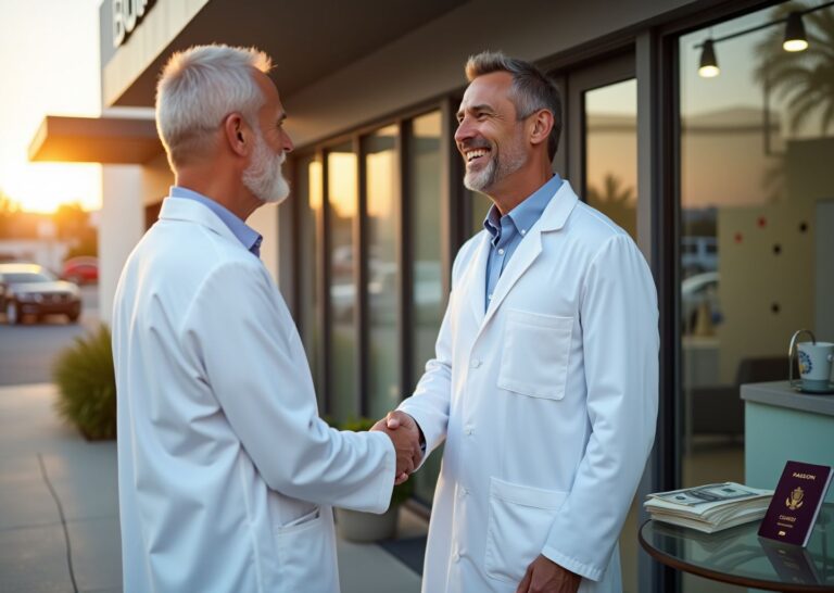 Smiling patient and dentist outside a clean bilingual dental clinic in Los Algodones with passport and US dollars visible