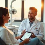 Smiling dentist and U.S. patient in a modern Tijuana dental clinic with passport and boarding pass visible on a tray.