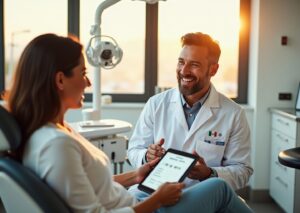 Smiling dentist and U.S. patient in a modern Tijuana dental clinic with passport and boarding pass visible on a tray.