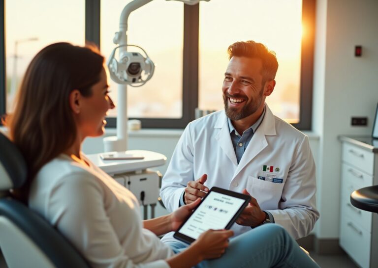 Smiling dentist and U.S. patient in a modern Tijuana dental clinic with passport and boarding pass visible on a tray.