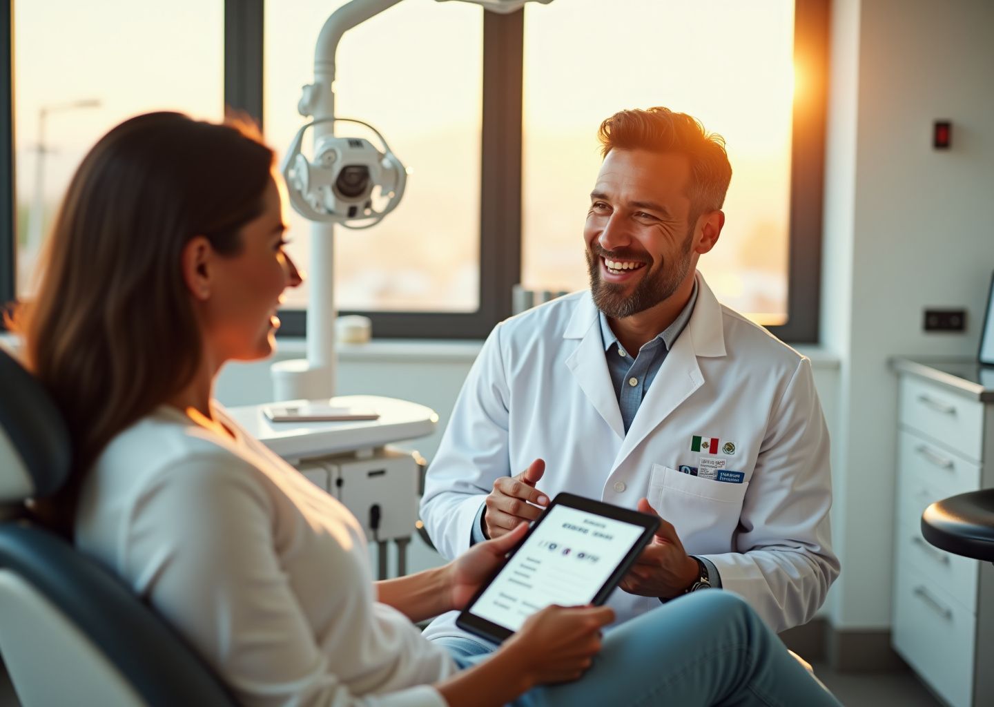 Smiling dentist and U.S. patient in a modern Tijuana dental clinic with passport and boarding pass visible on a tray.