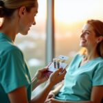 Smiling dentist in a modern San Jose clinic holding a dental implant model with a patient and travel documents in foreground