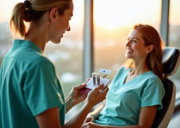 Smiling dentist in a modern San Jose clinic holding a dental implant model with a patient and travel documents in foreground