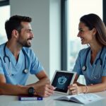 American patient consulting with a dentist in a clean clinic with passport, plane ticket, and dental X-ray visible