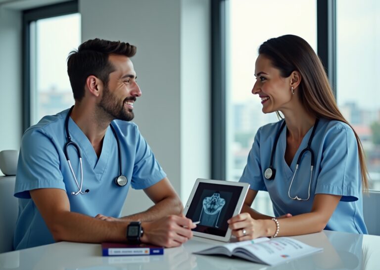 American patient consulting with a dentist in a clean clinic with passport, plane ticket, and dental X-ray visible