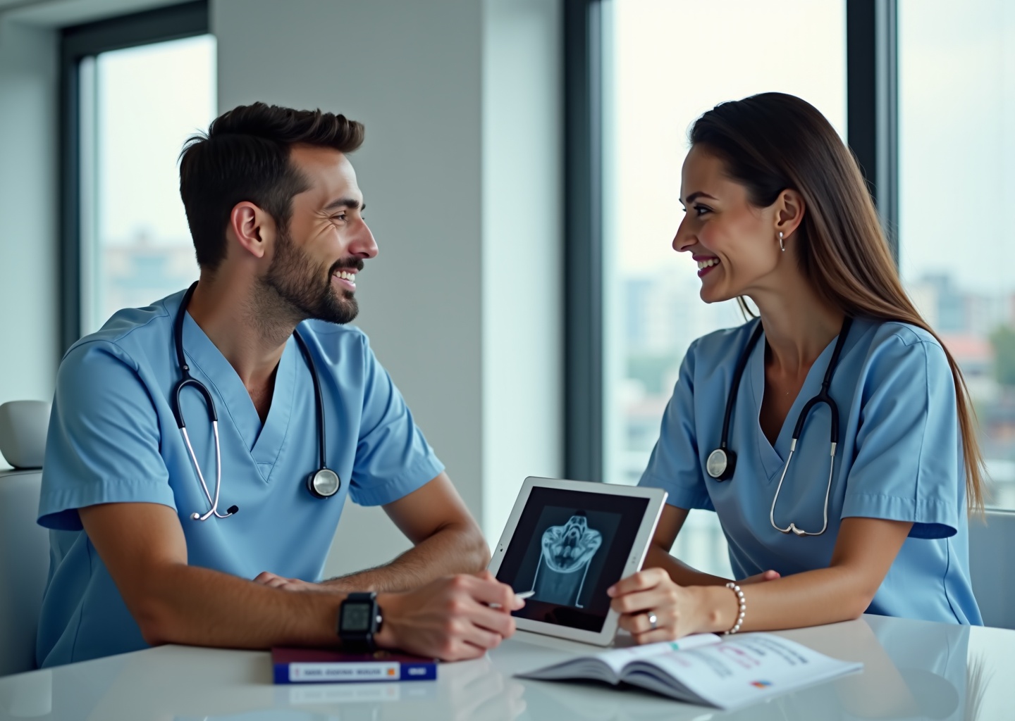 American patient consulting with a dentist in a clean clinic with passport, plane ticket, and dental X-ray visible