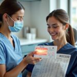 Smiling dental patient in a modern clinic with a dentist showing veneers, and small icons of Turkey Mexico and Thailand with travel items and price tag