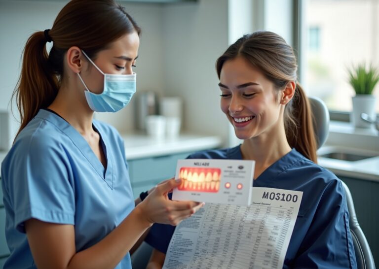 Smiling dental patient in a modern clinic with a dentist showing veneers, and small icons of Turkey Mexico and Thailand with travel items and price tag