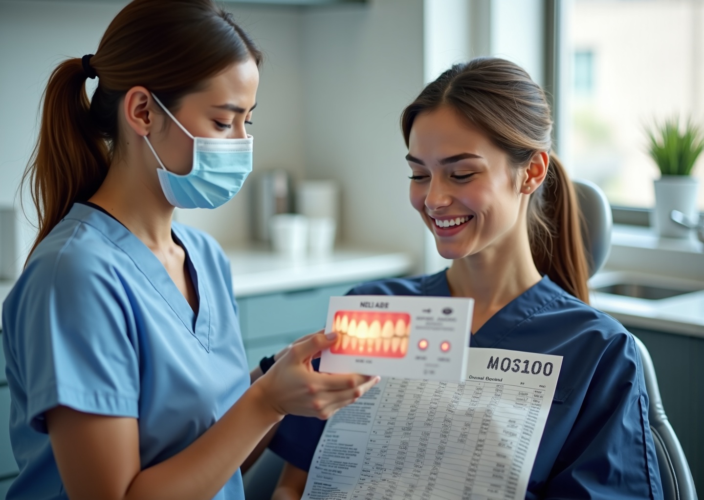 Smiling dental patient in a modern clinic with a dentist showing veneers, and small icons of Turkey Mexico and Thailand with travel items and price tag