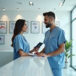 Patient at a modern Tijuana dental clinic reception holding passport and paperwork with clinic staff, cross‑border travel cues visible