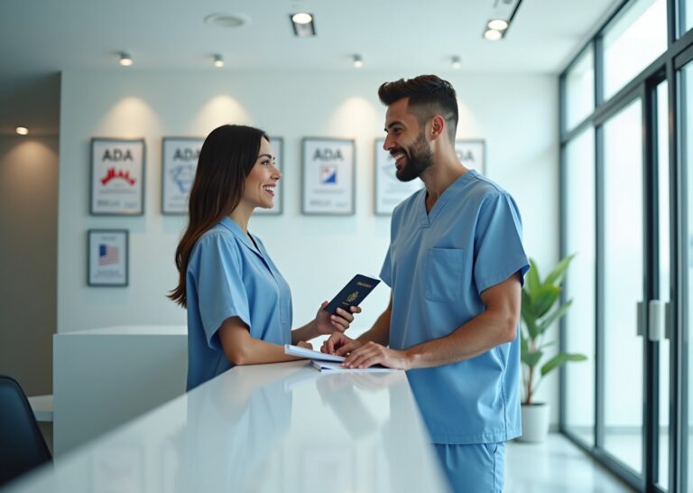 Patient at a modern Tijuana dental clinic reception holding passport and paperwork with clinic staff, cross‑border travel cues visible