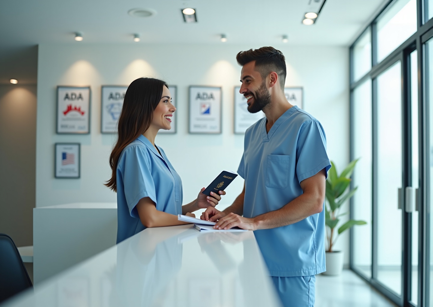 Patient at a modern Tijuana dental clinic reception holding passport and paperwork with clinic staff, cross‑border travel cues visible
