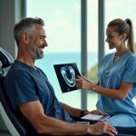 Patient in a modern Costa Rica dental clinic with dentist reviewing X-rays, passport and plane ticket visible, and Costa Rican coastline visible through the window