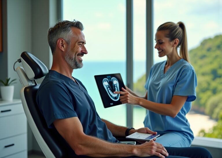 Patient in a modern Costa Rica dental clinic with dentist reviewing X-rays, passport and plane ticket visible, and Costa Rican coastline visible through the window