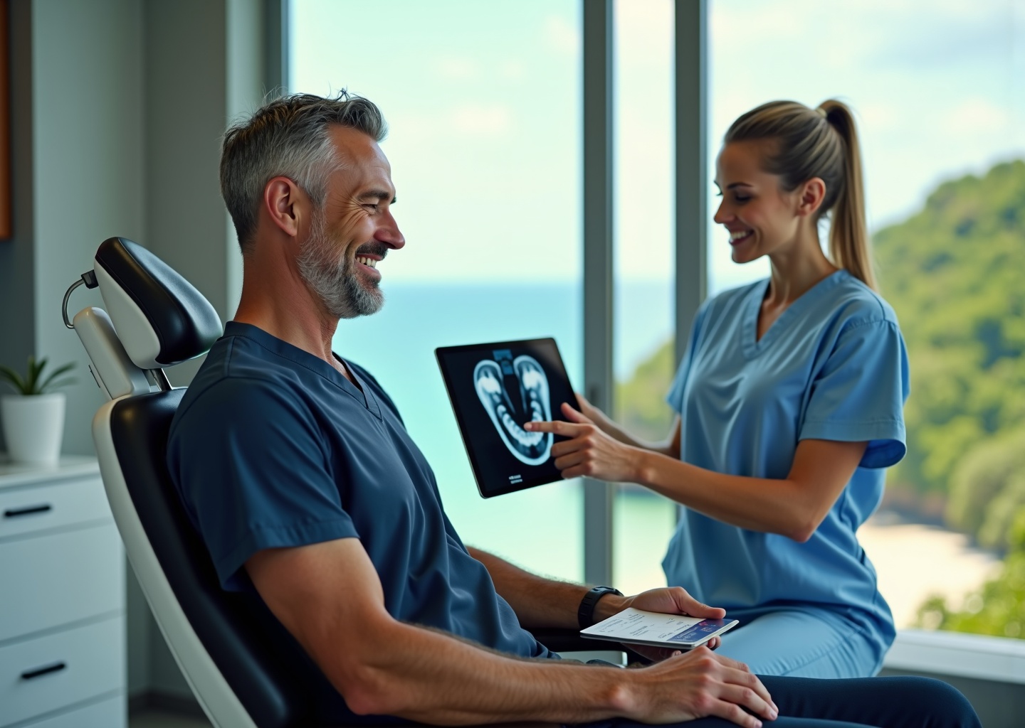 Patient in a modern Costa Rica dental clinic with dentist reviewing X-rays, passport and plane ticket visible, and Costa Rican coastline visible through the window