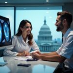 Patient consulting with dentist in a modern clinic with passport on the desk and faint US and Mexico/Canada landmarks in the background representing cross-border dental care