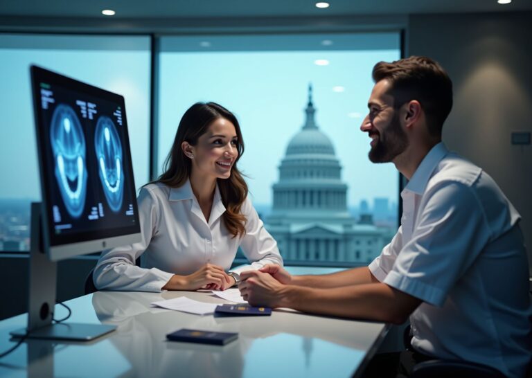 Patient consulting with dentist in a modern clinic with passport on the desk and faint US and Mexico/Canada landmarks in the background representing cross-border dental care