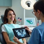 Patient consulting dentist in a modern clinic with US and Mexican flags and a map showing cross-border dental travel