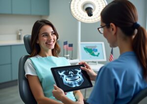 Patient consulting dentist in a modern clinic with US and Mexican flags and a map showing cross-border dental travel