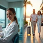 Split image of modern Bangkok dental clinic and Phuket beach clinic with dentist, patient, travel items and dental instruments