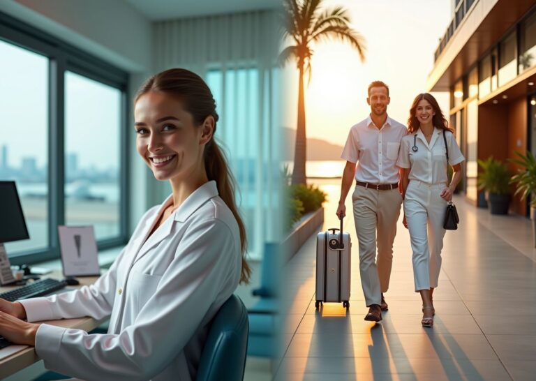 Split image of modern Bangkok dental clinic and Phuket beach clinic with dentist, patient, travel items and dental instruments